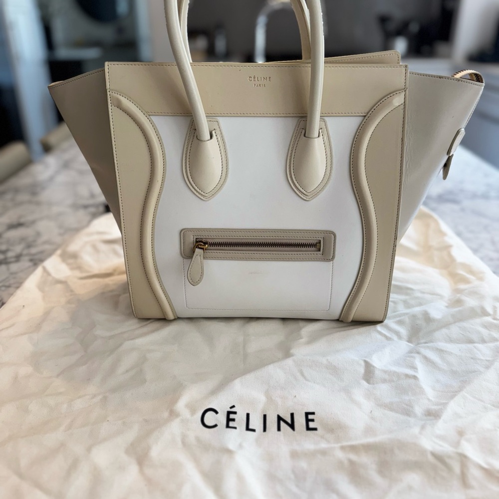 Celine Cream and White Tote Bag with Structured Design